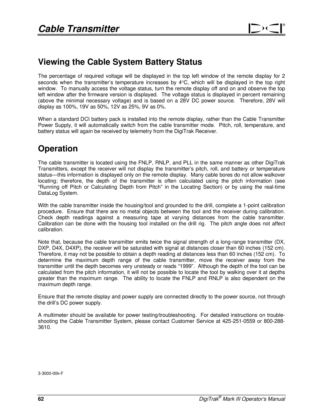 Digitrex 3-3000-00a-F manual Viewing the Cable System Battery Status, Operation 