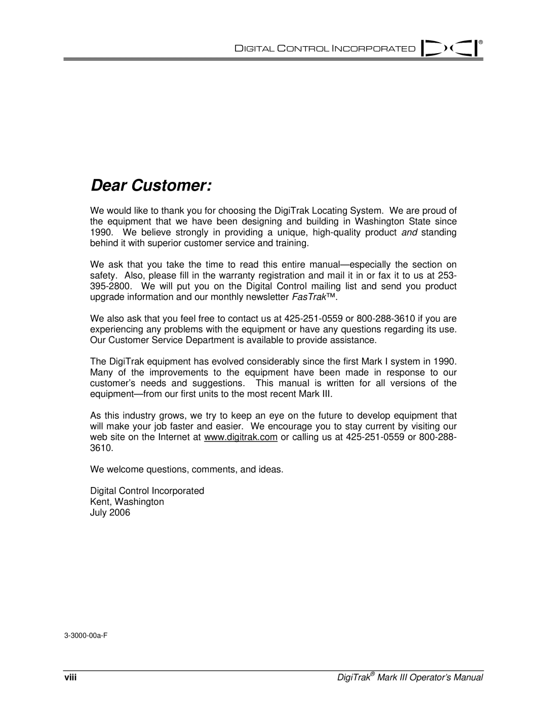 Digitrex 3-3000-00a-F manual Dear Customer, Viii 