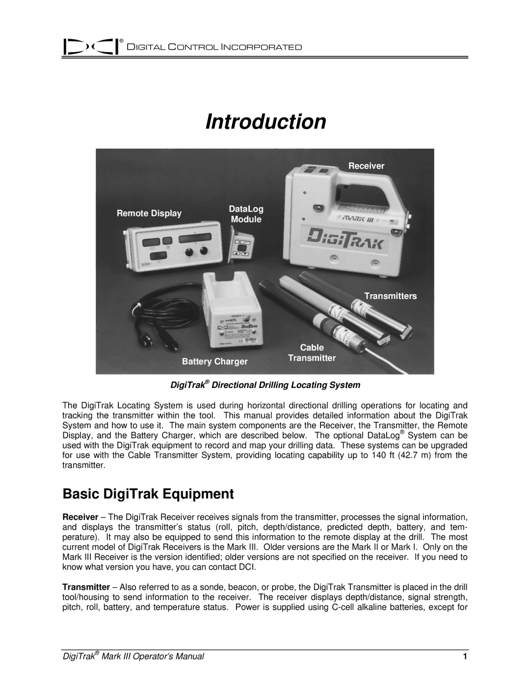 Digitrex 3-3000-00a-F manual Introduction, Basic DigiTrak Equipment, DigiTrak Directional Drilling Locating System 