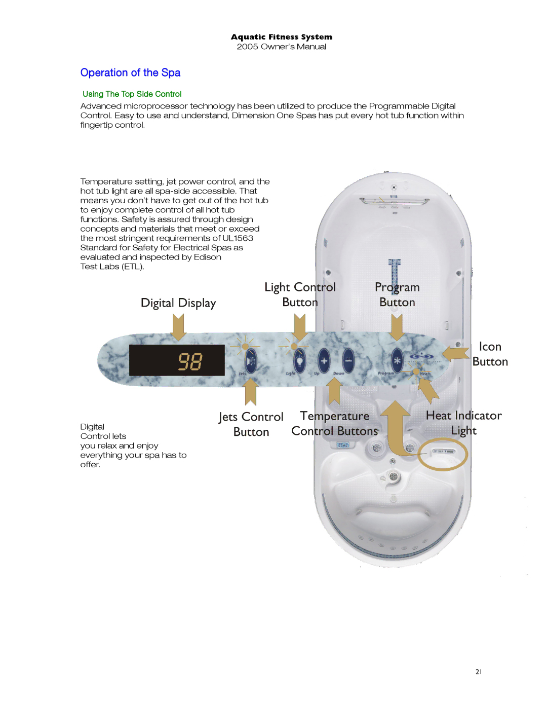 Dimension One Spas 01513-192 manual Operation of the Spa, Using The Top Side Control 