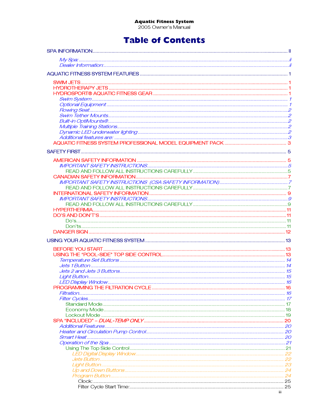 Dimension One Spas 01513-192 manual Table of Contents 