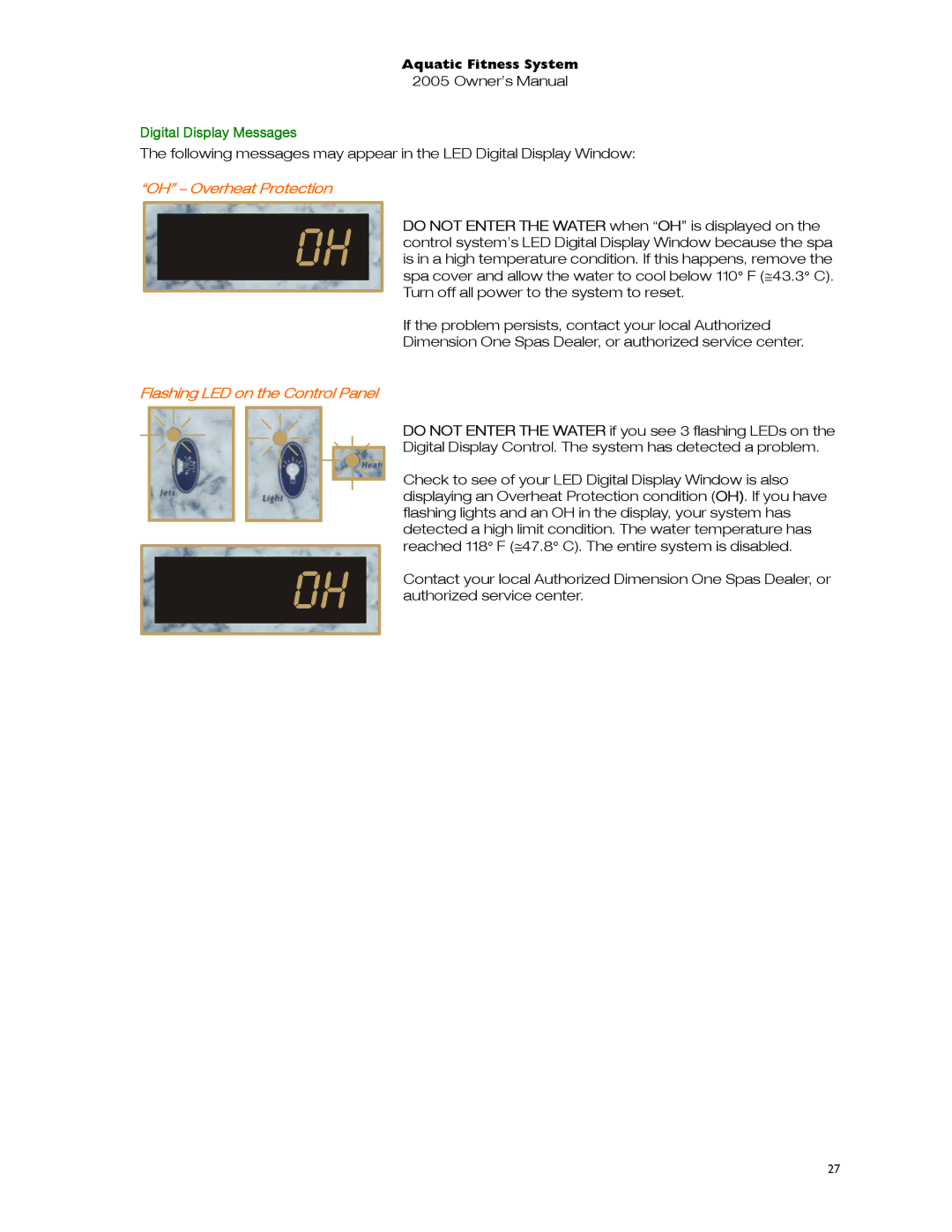 Dimension One Spas 01513-192 manual OH Overheat Protection, Flashing LED on the Control Panel 