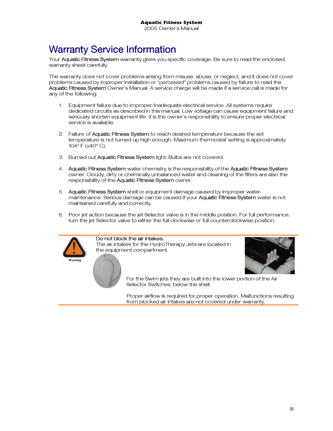 Dimension One Spas 01513-192 manual Warranty Service Information, Do not block the air intakes 