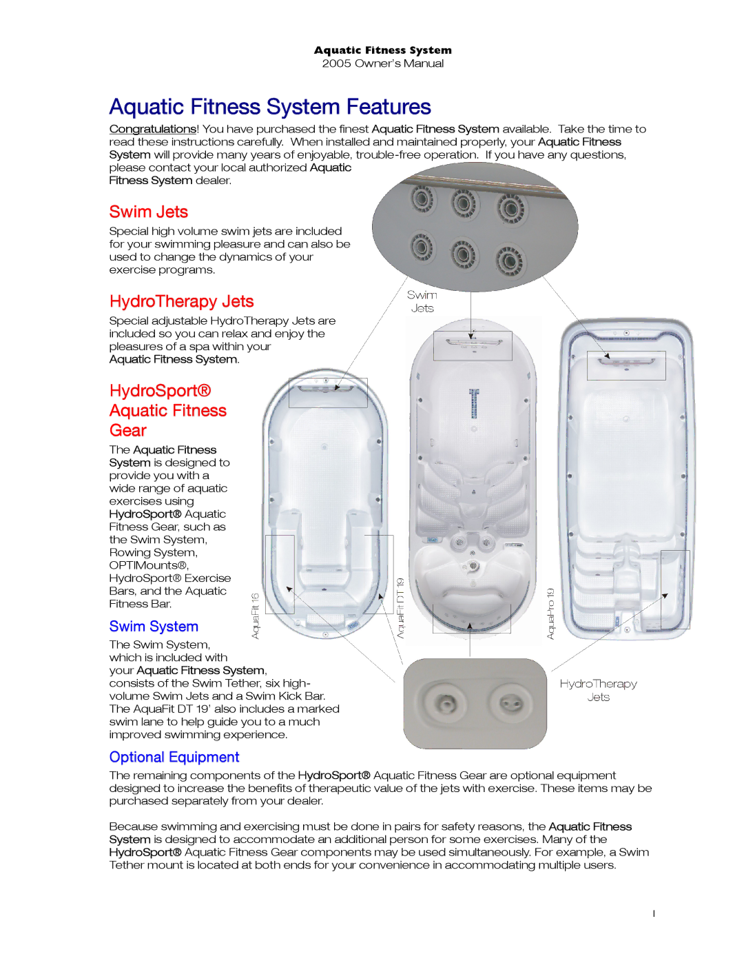 Dimension One Spas 01513-192 manual Aquatic Fitness System Features, Swim Jets, HydroTherapy Jets 