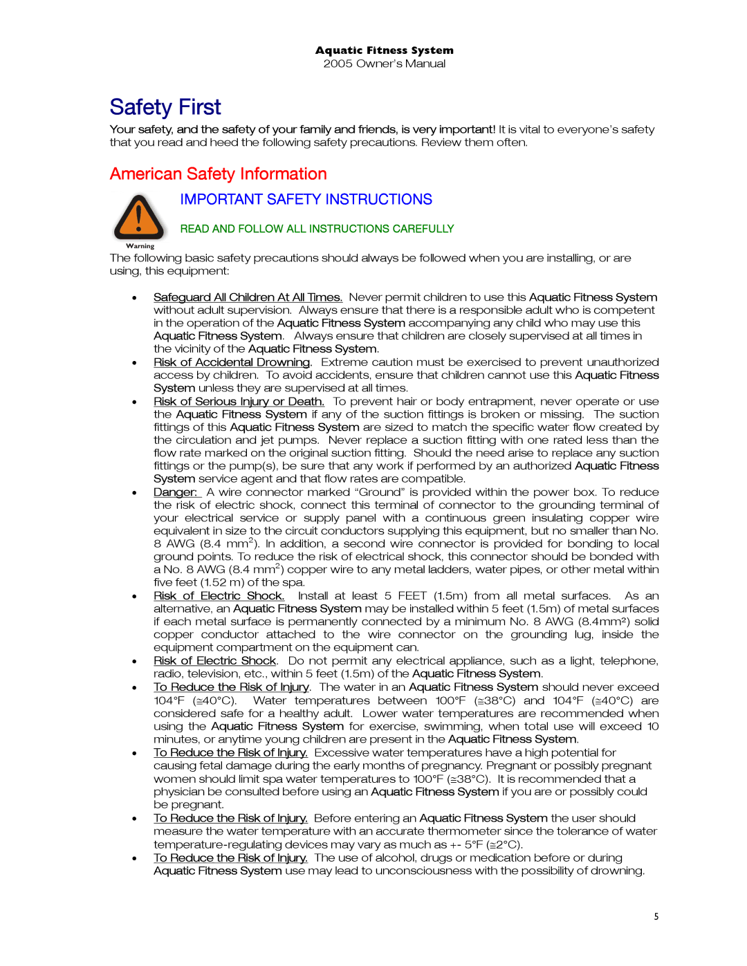 Dimension One Spas 01513-192 manual Safety First, American Safety Information 