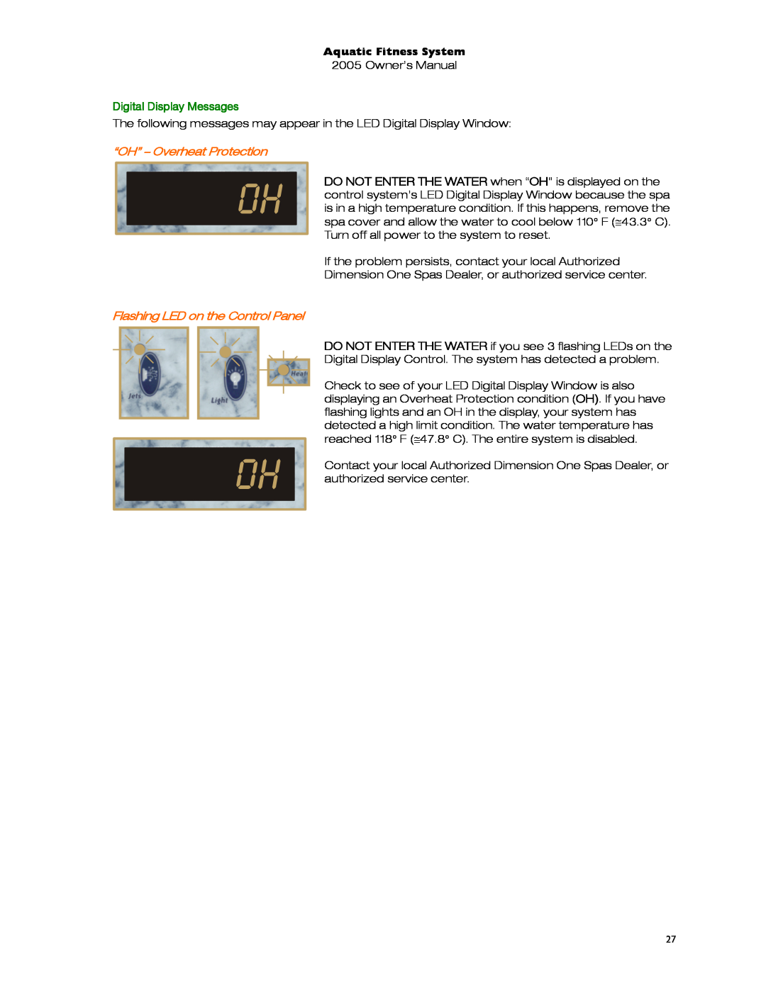 Dimension One Spas 01513-192 manual “OH” – Overheat Protection, Flashing LED on the Control Panel, Aquatic Fitness System 