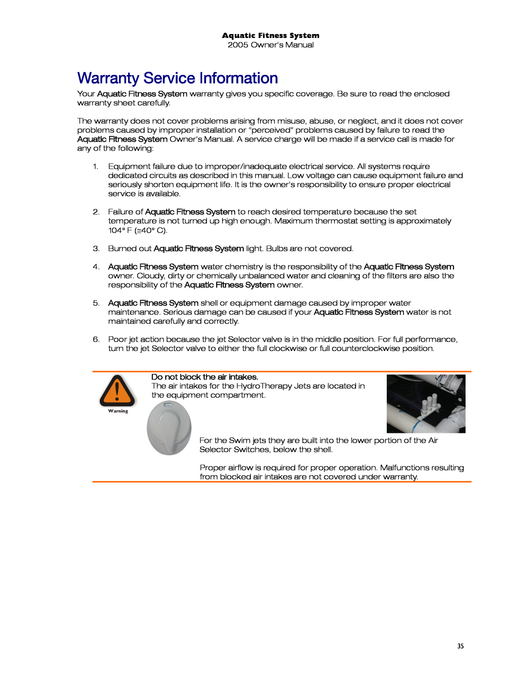 Dimension One Spas 01513-192 manual Warranty Service Information, Do not block the air intakes, Aquatic Fitness System 