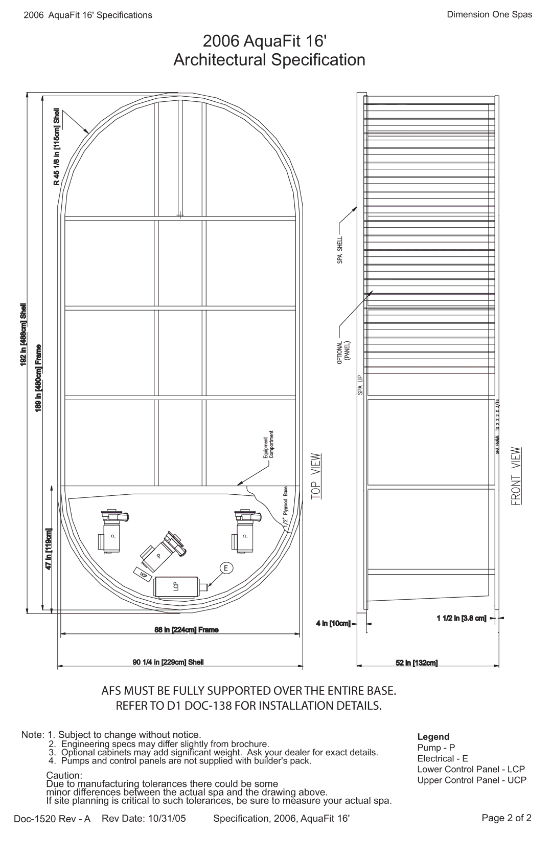 Dimension One Spas 16 specifications AquaFit Architectural Specification, AFS Must be Fully Supported Over the Entire Base 