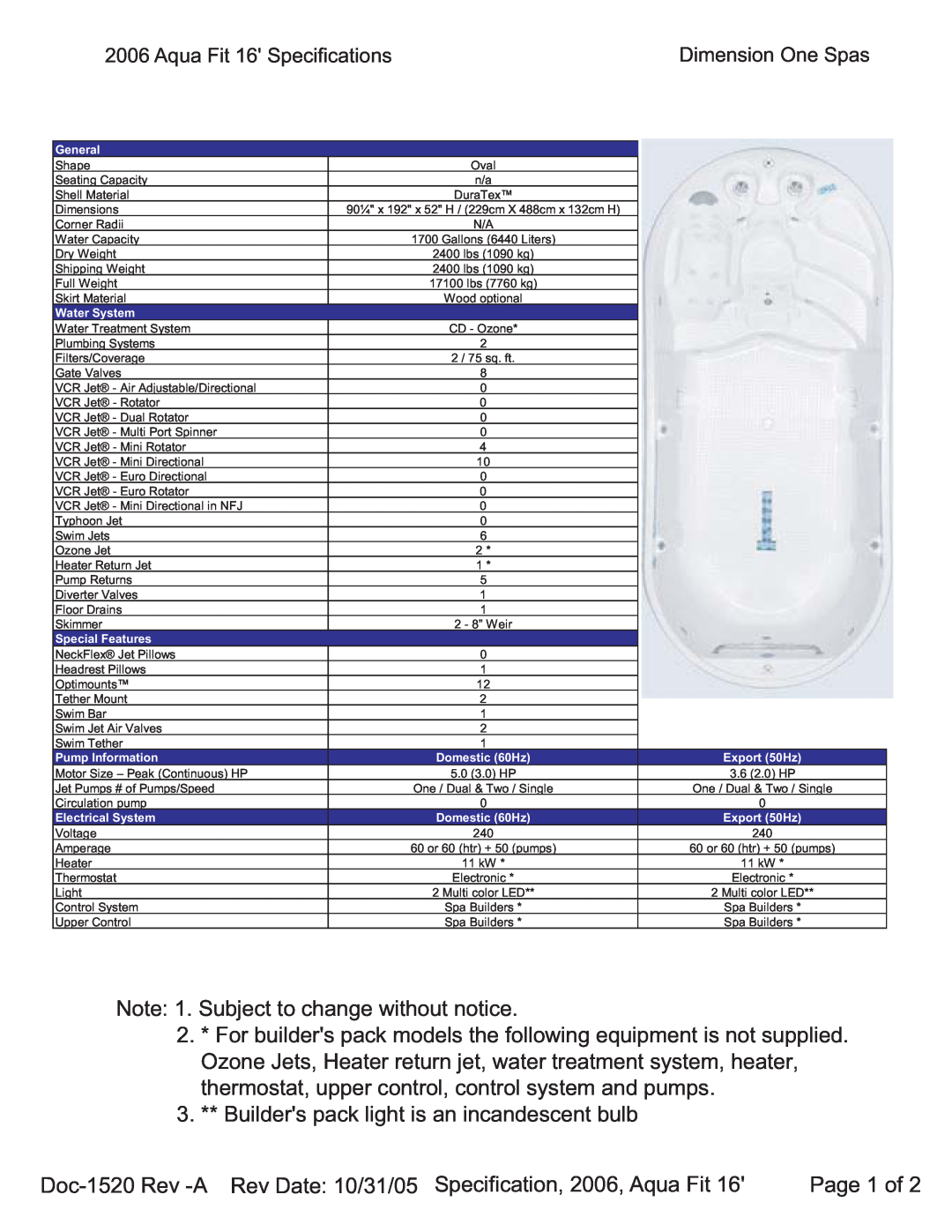 Dimension One Spas 16 specifications Page 1 of, General, Water System, Special Features, Pump Information, Domestic 60Hz 