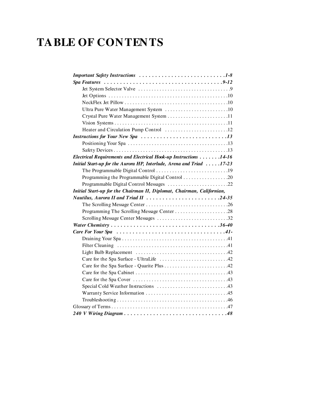 Dimension One Spas 2000 Model manual Table of Contents 