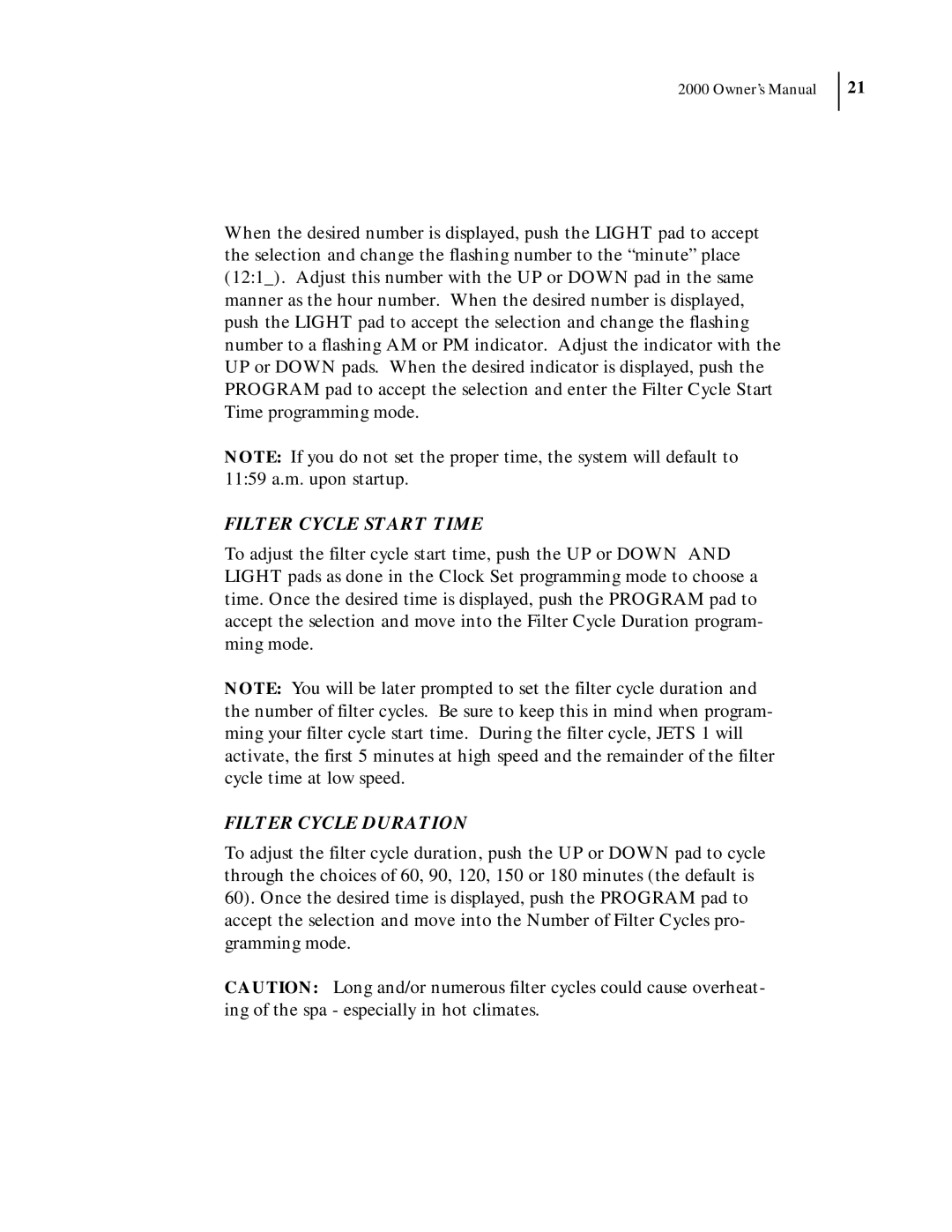 Dimension One Spas 2000 Model manual Filter Cycle Start Time, Filter Cycle Duration 
