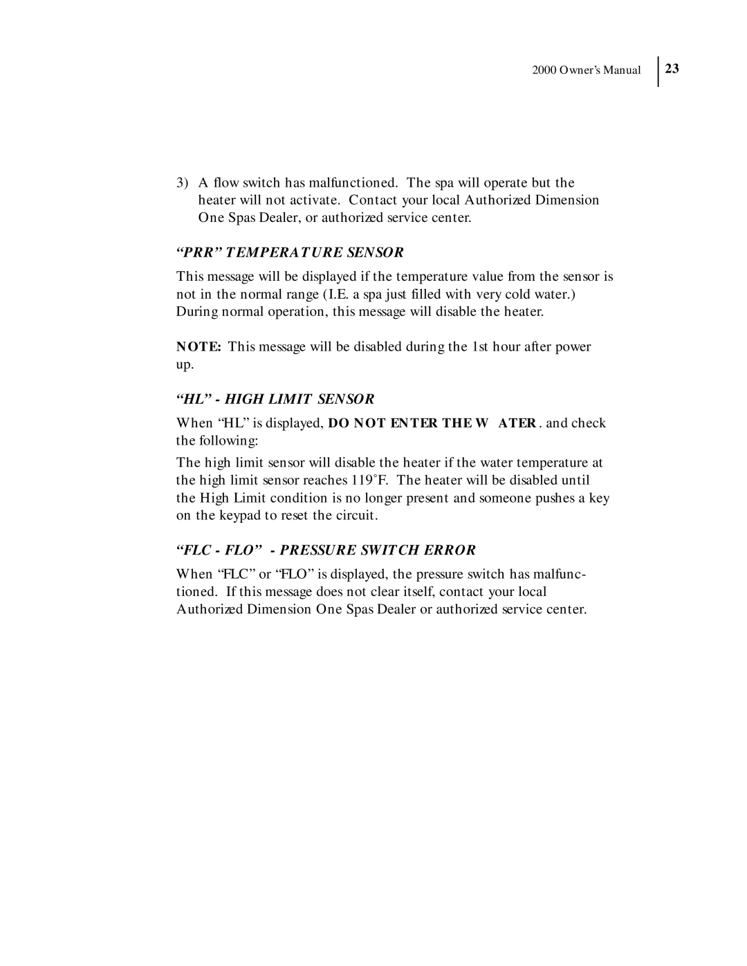 Dimension One Spas 2000 Model manual PRR Temperature Sensor, HL High Limit Sensor, FLC FLO Pressure Switch Error 