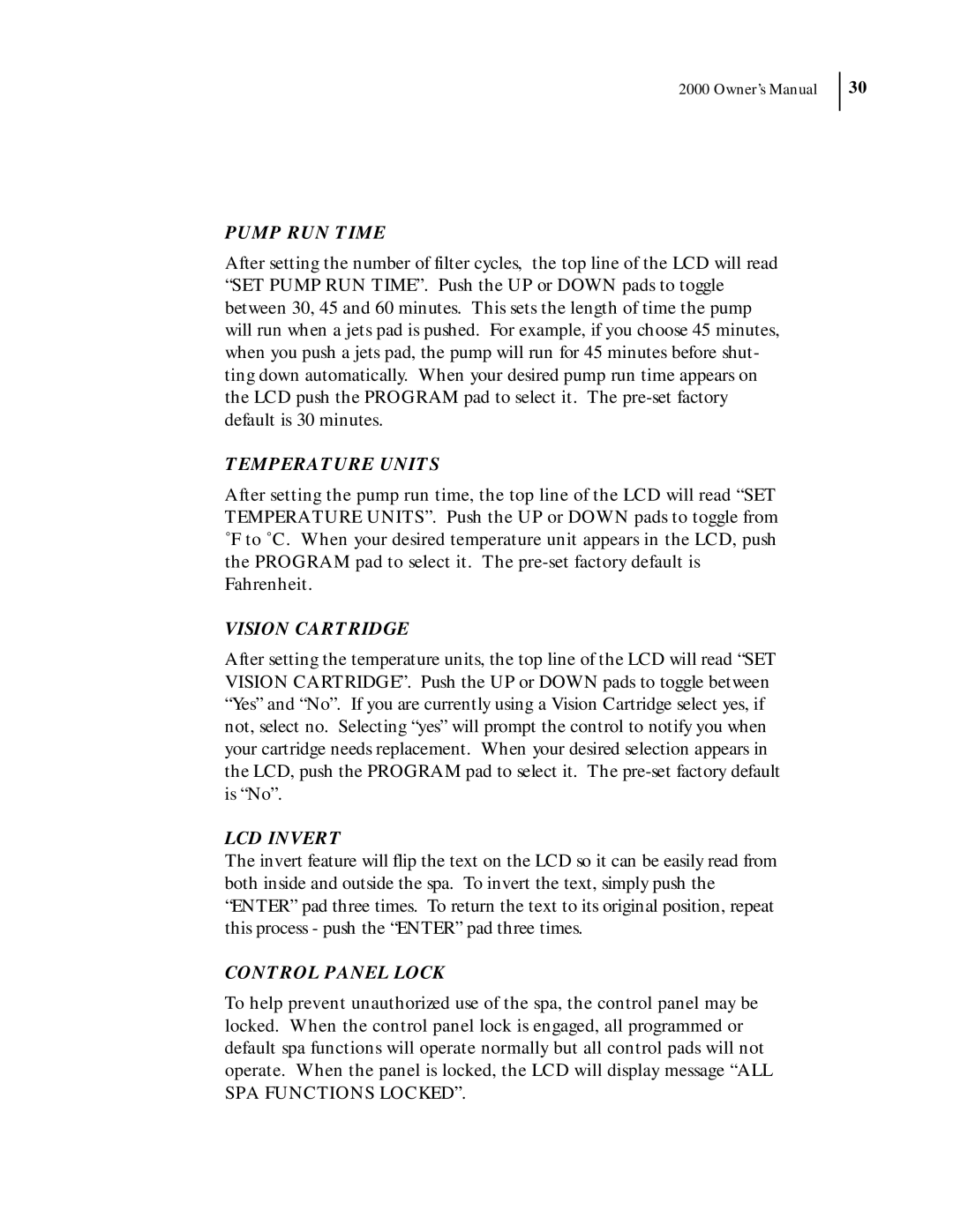 Dimension One Spas 2000 Model manual Pump RUN Time, Temperature Units, Vision Cartridge, LCD Invert, Control Panel Lock 