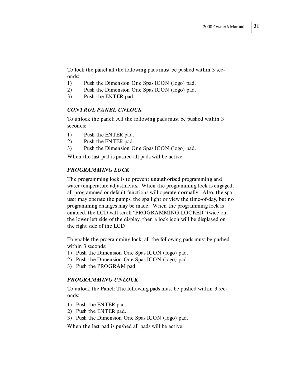 Dimension One Spas 2000 Model manual Control Panel Unlock, Programming Lock, Programming Unlock 
