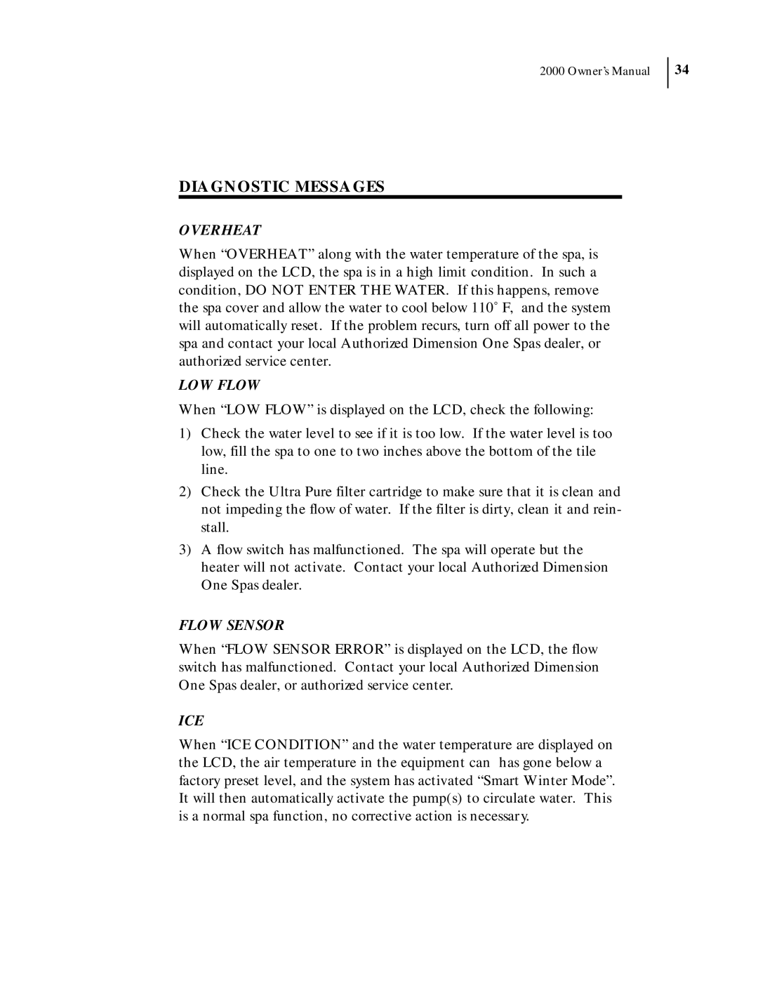 Dimension One Spas 2000 Model manual Diagnostic Messages, Overheat, LOW Flow, Flow Sensor, Ice 
