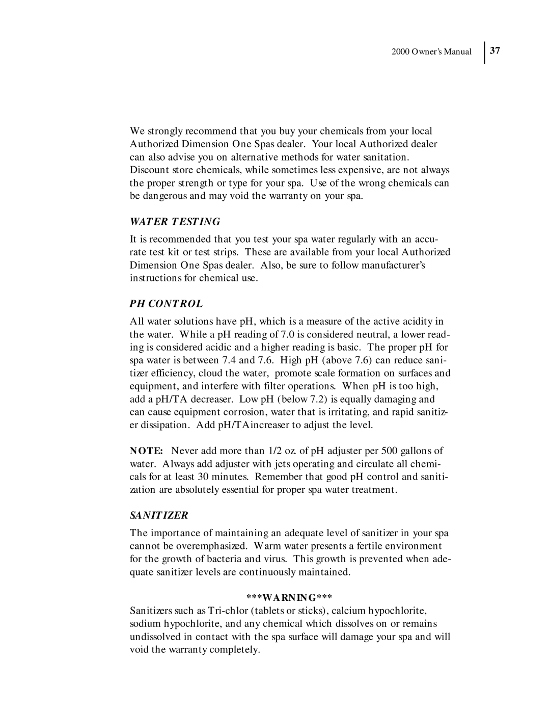 Dimension One Spas 2000 Model manual Water Testing, PH Control, Sanitizer 