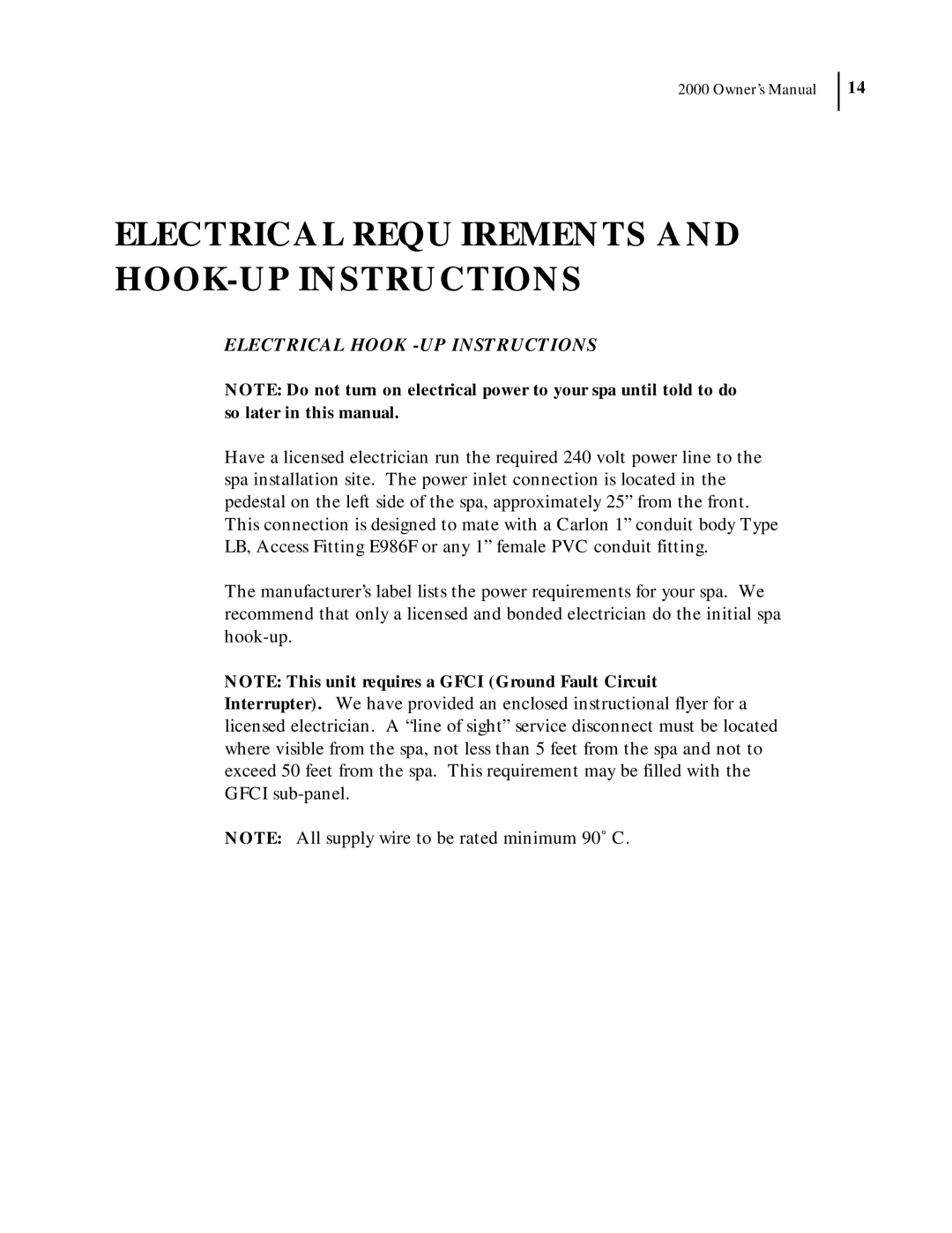 Dimension One Spas 2000 Model manual Electrical Requ Irements And Hook-Upinstructions, Electrical Hook -Upinstructions 