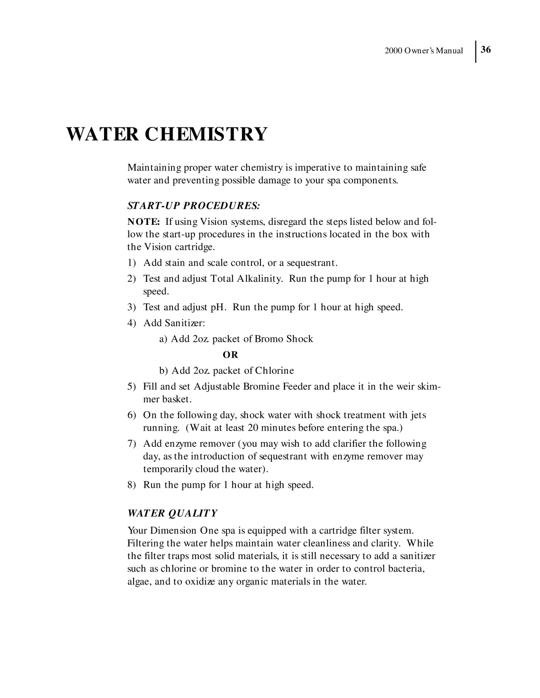 Dimension One Spas 2000 Model manual Water Chemistry, Start-Upprocedures, Water Quality 