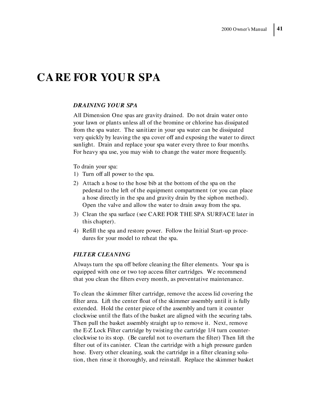 Dimension One Spas 2000 Model manual Care For Your Spa, Draining Your Spa, Filter Cleaning 
