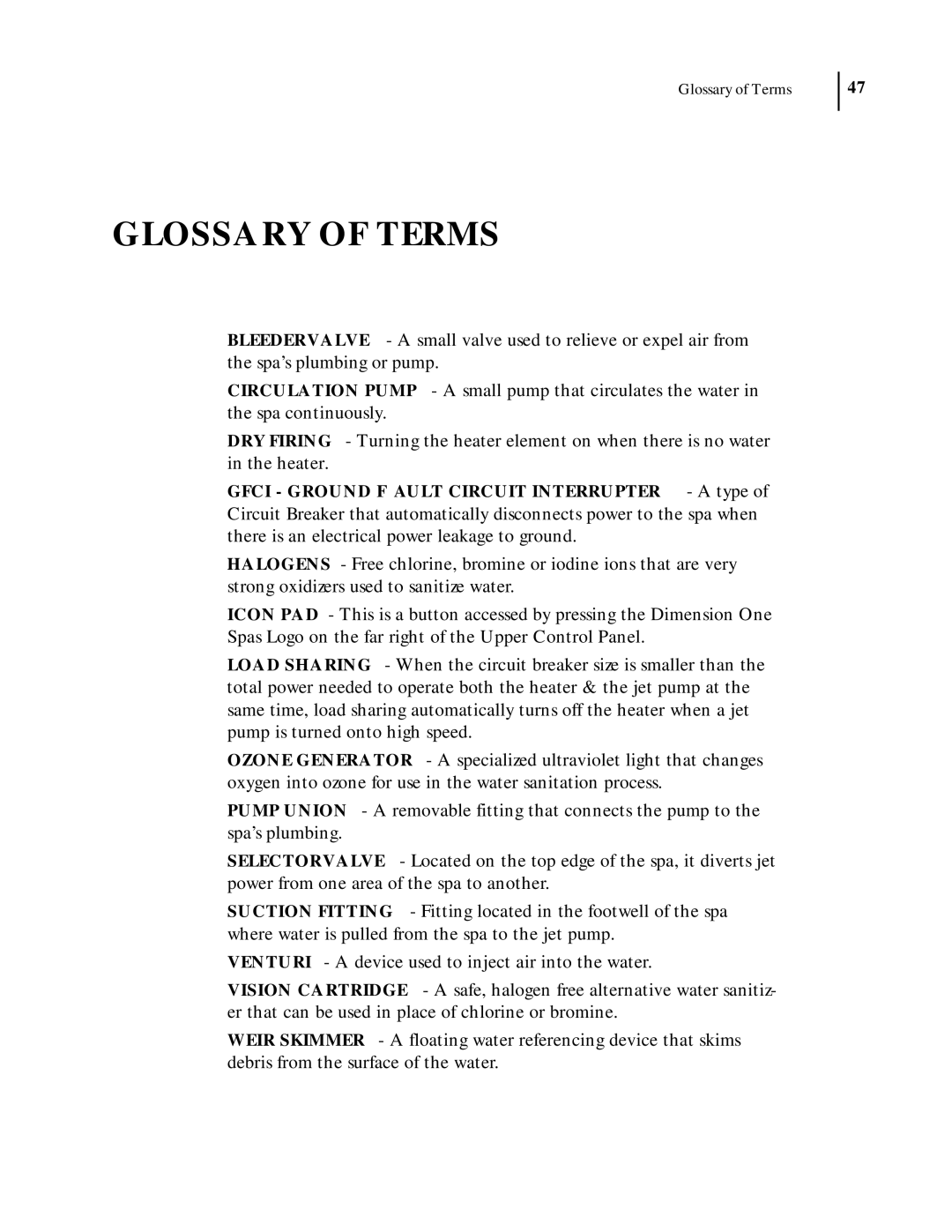 Dimension One Spas 2000 Model manual Glossary Of Terms 