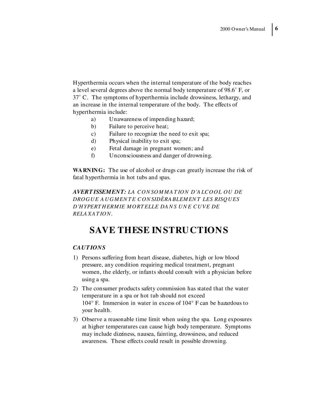 Dimension One Spas 2000 Model manual Cautions, Save These Instructions 