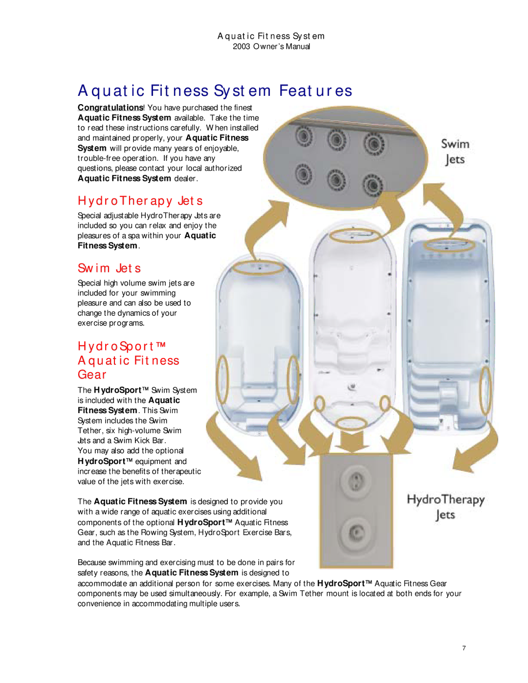 Dimension One Spas 2003 Aquatic Fitness System Features, HydroTherapy Jets, Swim Jets, HydroSport Aquatic Fitness Gear 