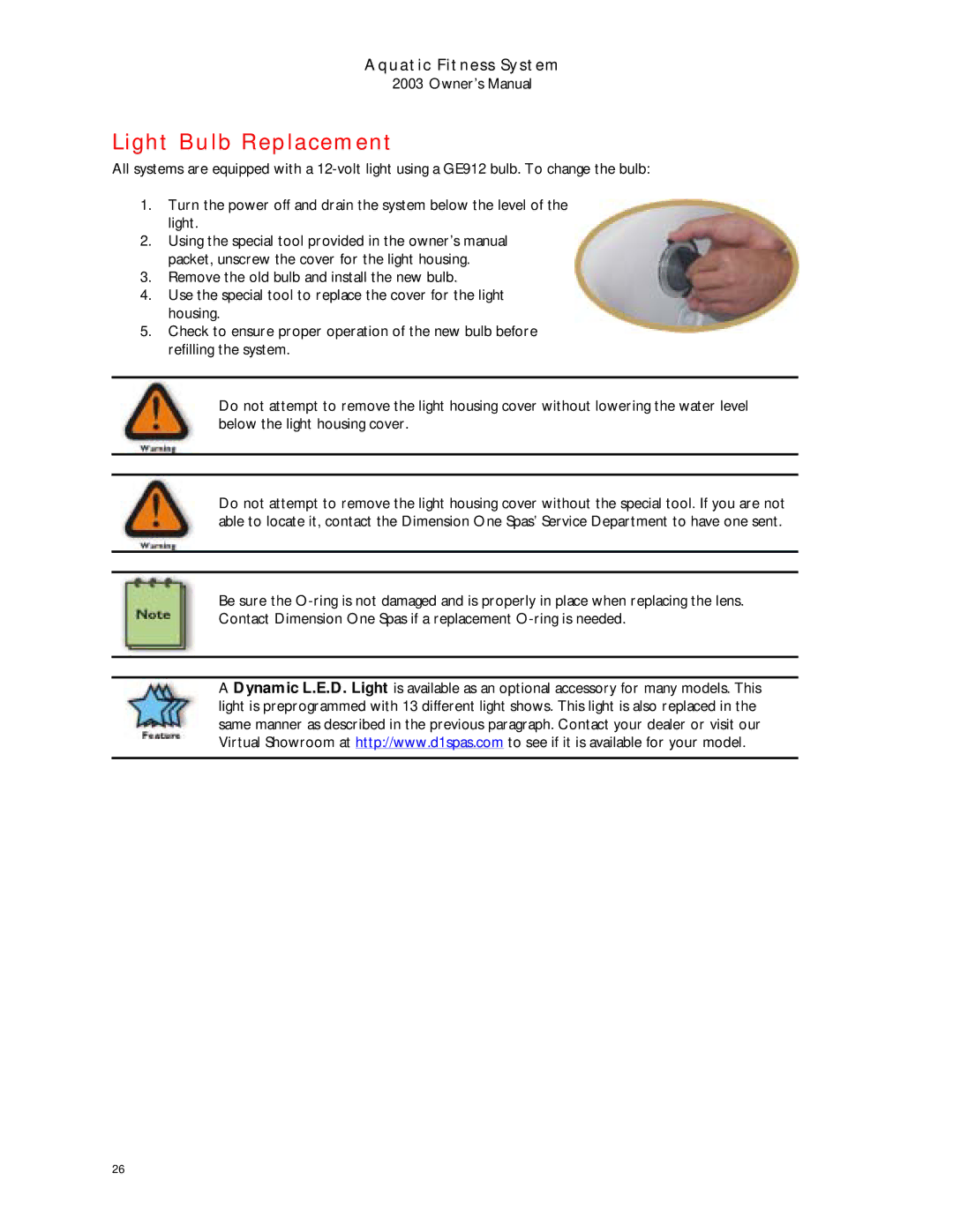 Dimension One Spas 2003 manual Light Bulb Replacement 