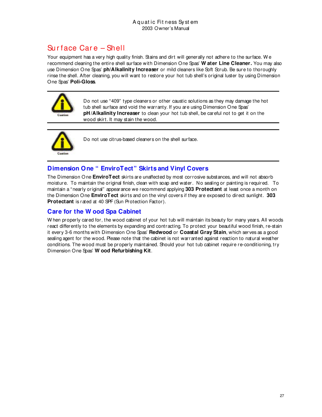 Dimension One Spas 2003 manual Surface Care Shell, Dimension One EnviroTect Skirts and Vinyl Covers 