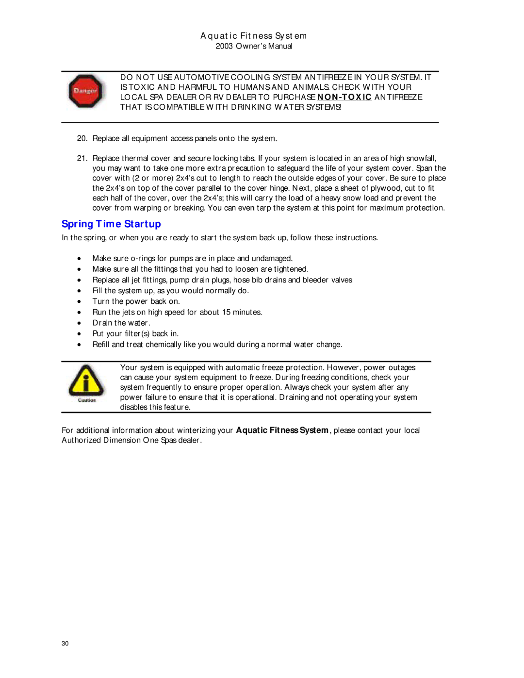 Dimension One Spas 2003 manual Spring Time Startup, Replace all equipment access panels onto the system 