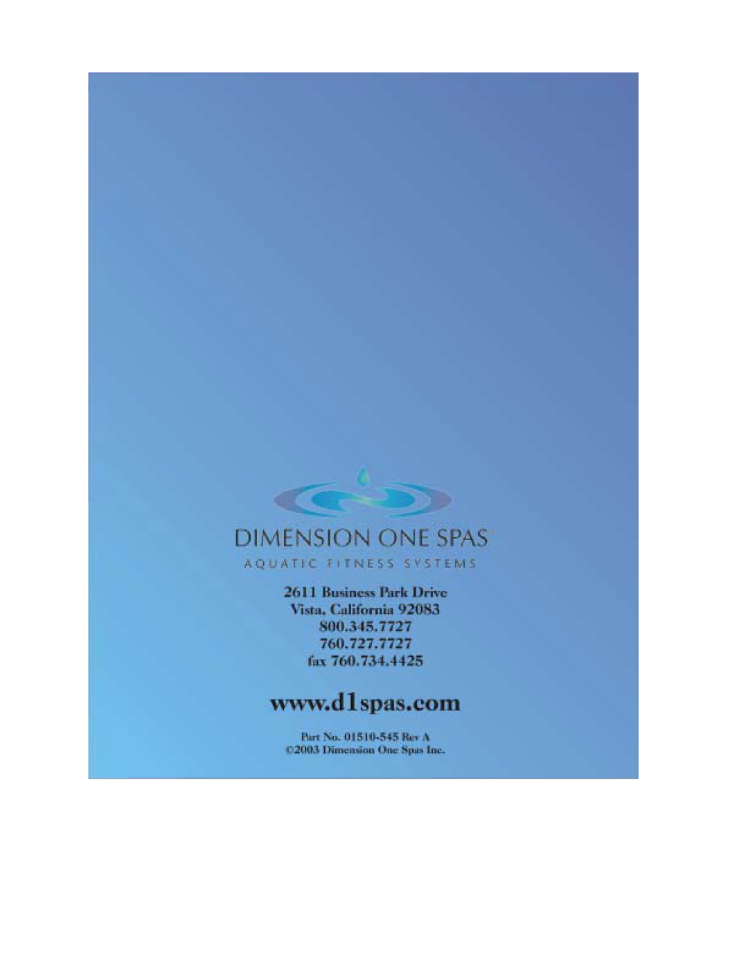 Dimension One Spas 2003 manual 