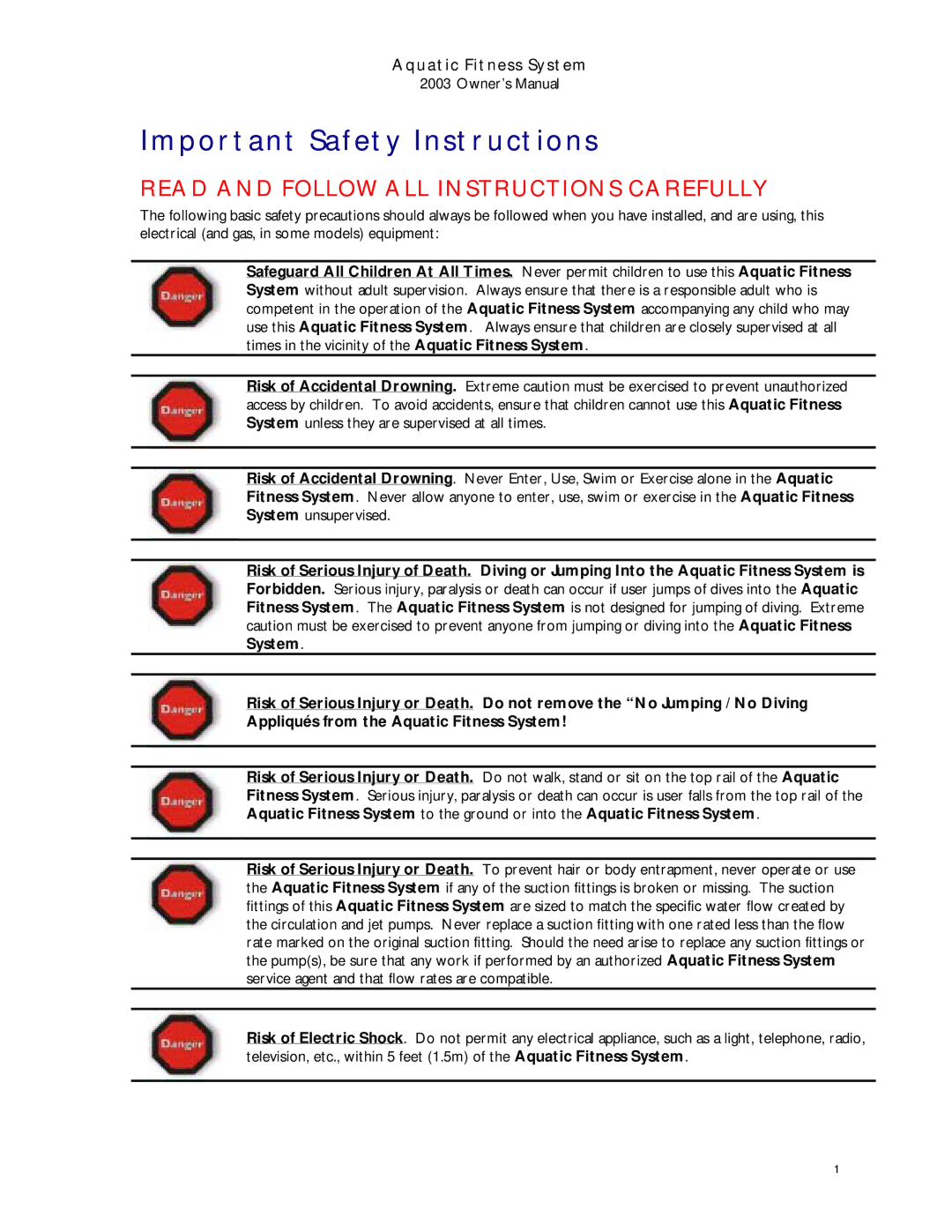 Dimension One Spas 2003 manual Important Safety Instructions, Read and Follow ALL Instructions Carefully 