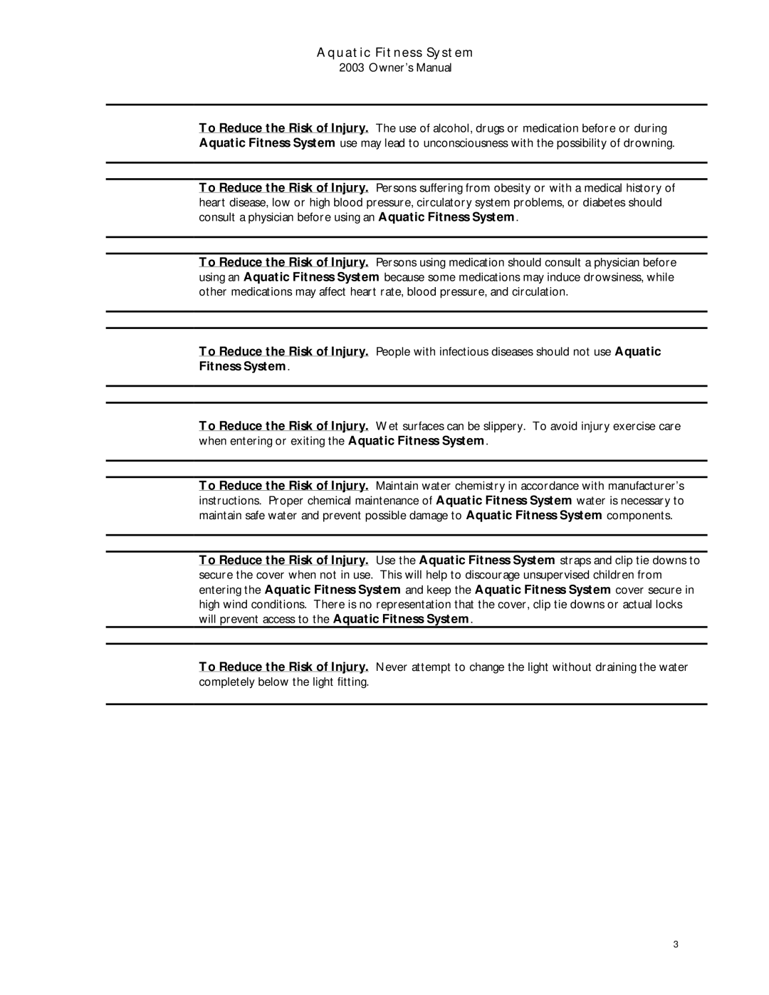 Dimension One Spas 2003 manual Aquatic Fitness System 