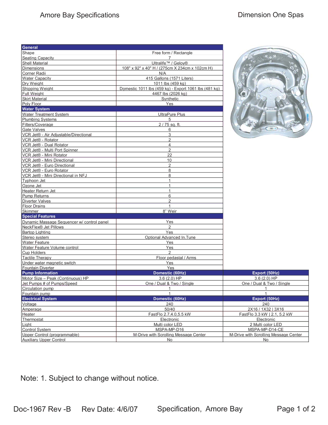 Dimension One Spas specifications Amore Bay Specifications Dimension One Spas 