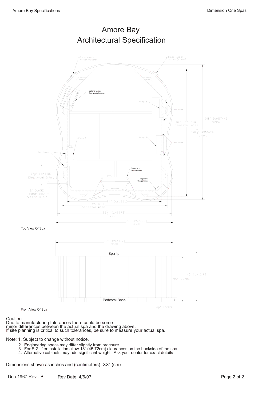 Dimension One Spas specifications Amore Bay Architectural Specification 