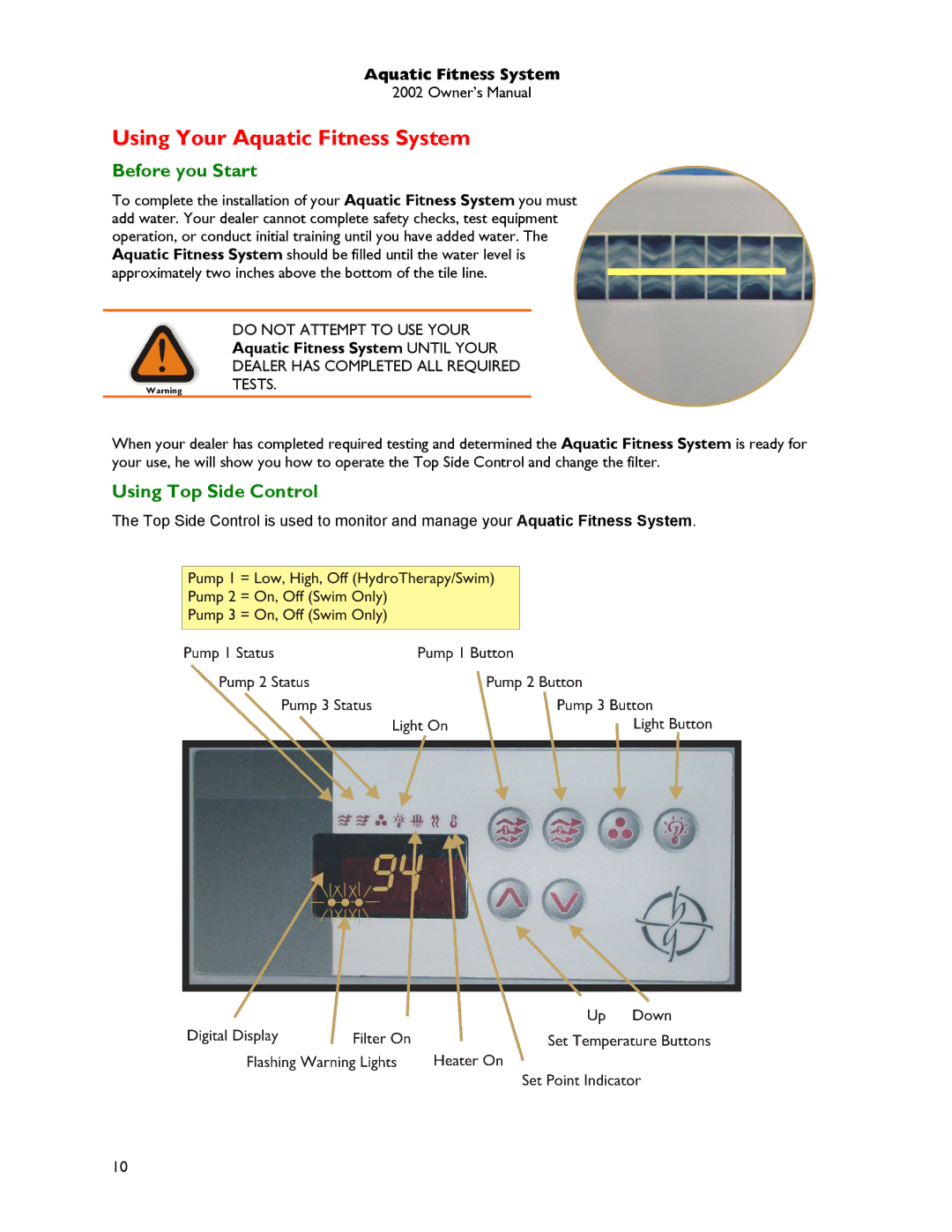 Dimension One Spas owner manual Using Your Aquatic Fitness System, Before you Start 