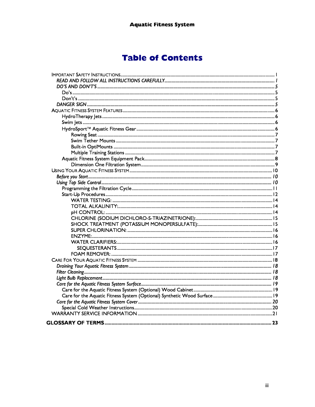 Dimension One Spas Aquatic Fitness System owner manual Table of Contents 