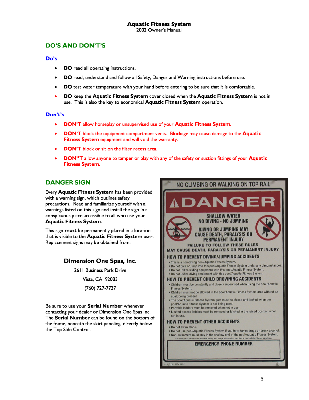 Dimension One Spas Aquatic Fitness System owner manual Do’S And Don’T’S, Danger Sign, Dimension One Spas, Inc 