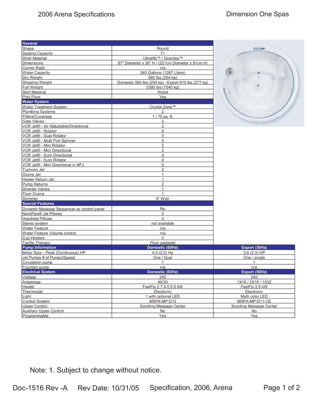 Dimension One Spas specifications Arena Specifications Dimension One Spas 