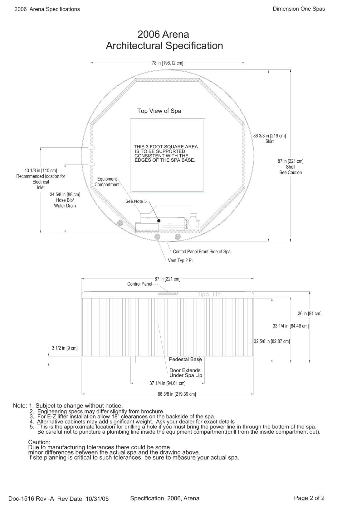 Dimension One Spas specifications Arena Architectural Specification, Top View of Spa 