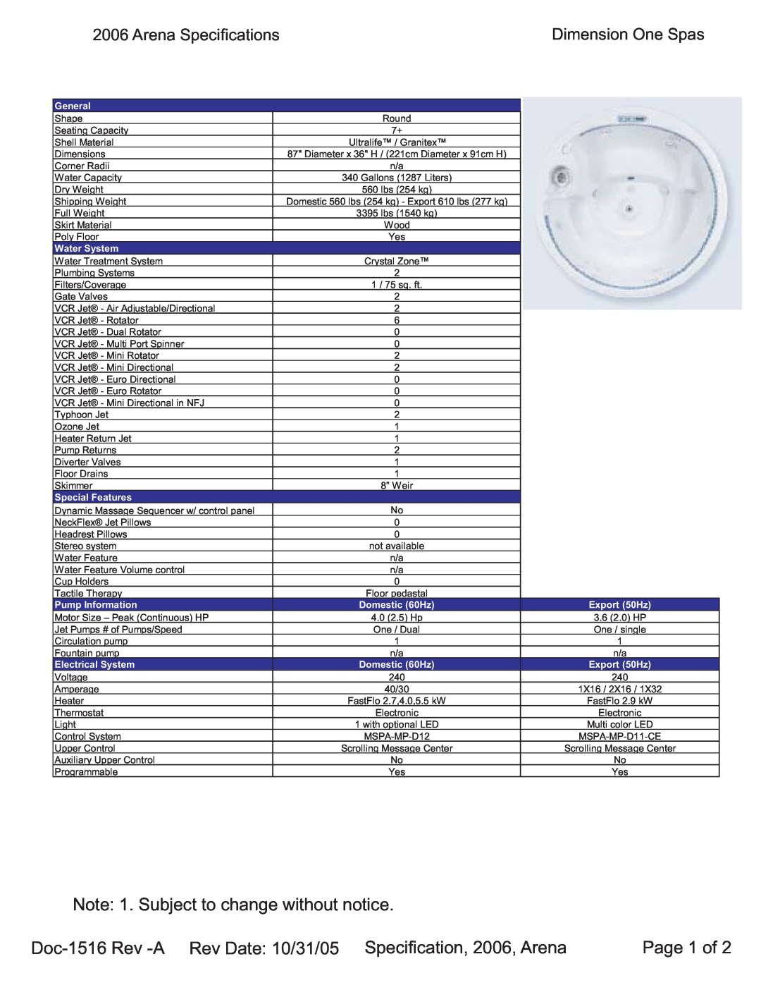 Dimension One Spas Arena specifications Note 1. Subject to change without notice, Page 1 of, General, Water System 