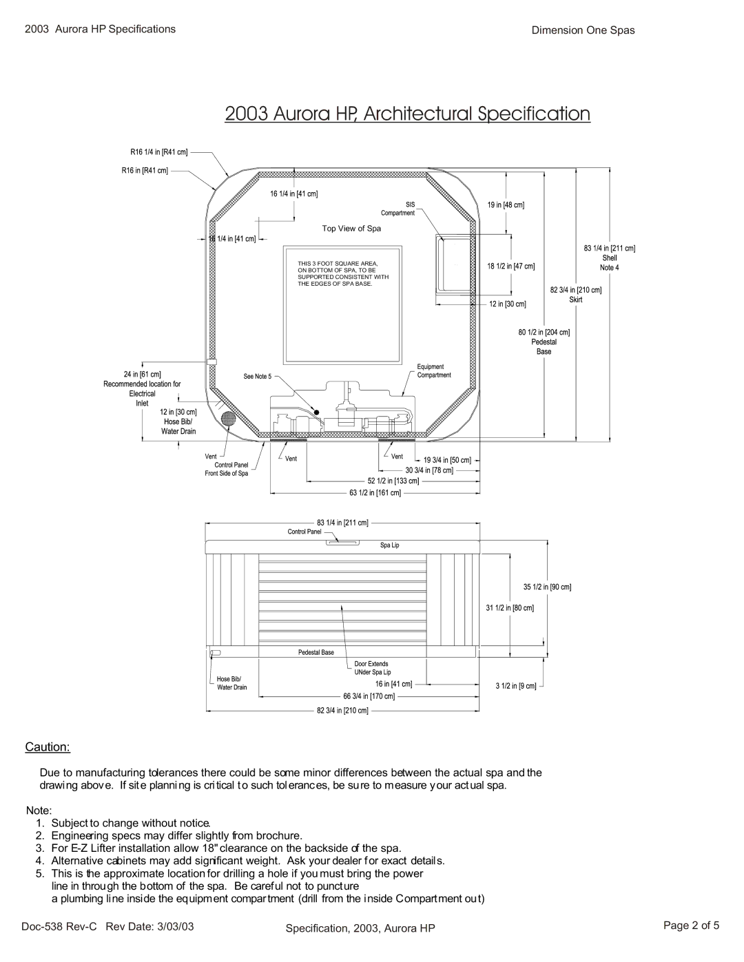 Dimension One Spas specifications Aurora HP, Architectural Specification 