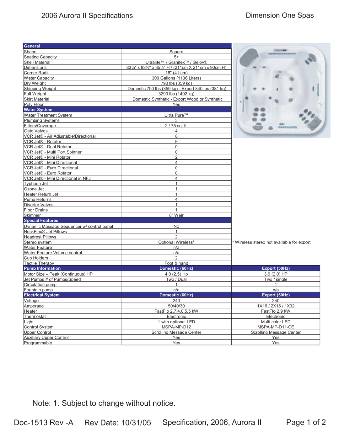 Dimension One Spas specifications Aurora II Specifications Dimension One Spas 