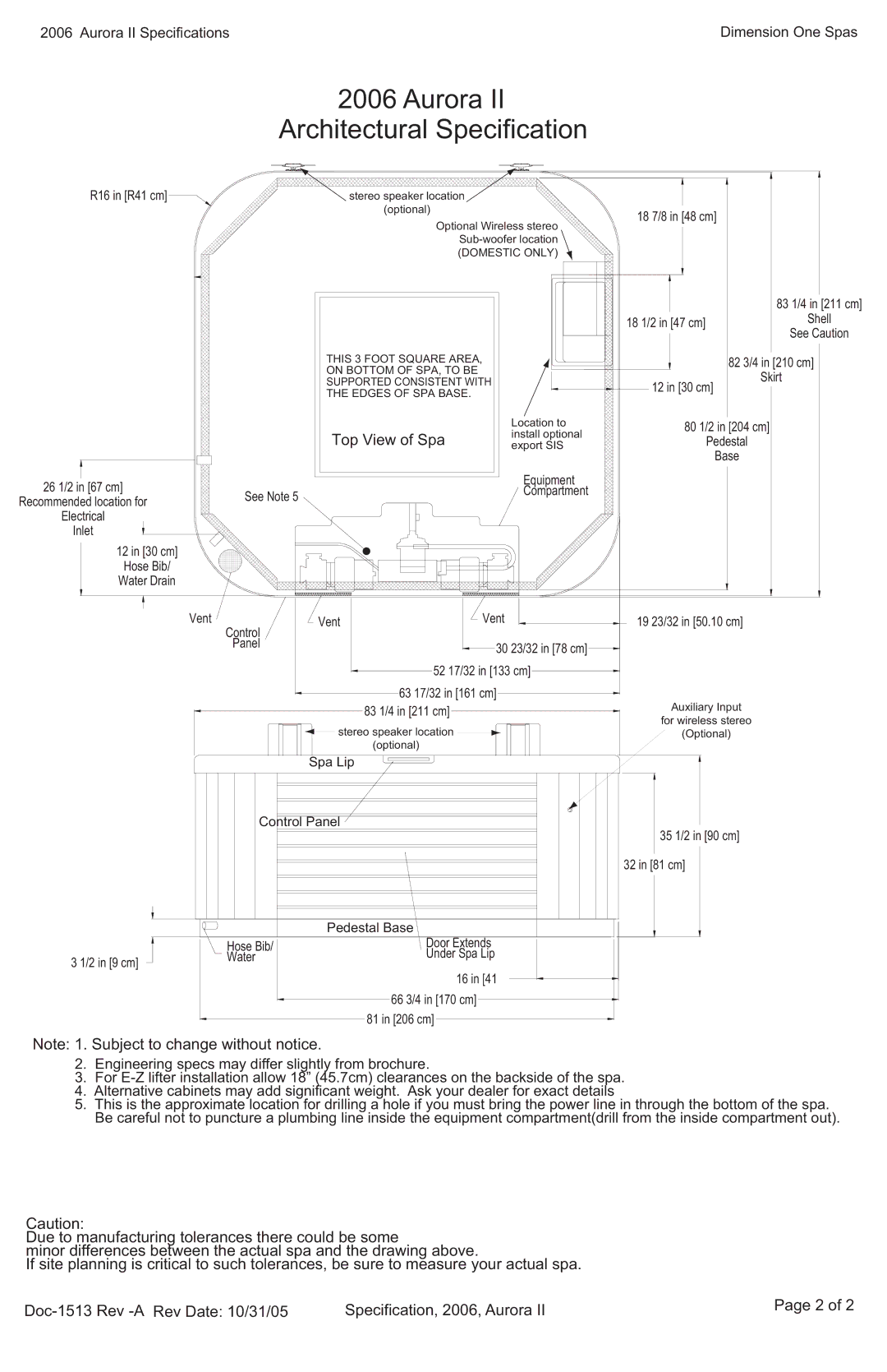 Dimension One Spas Aurora II specifications Aurora Architectural Specification, Top View of Spa 