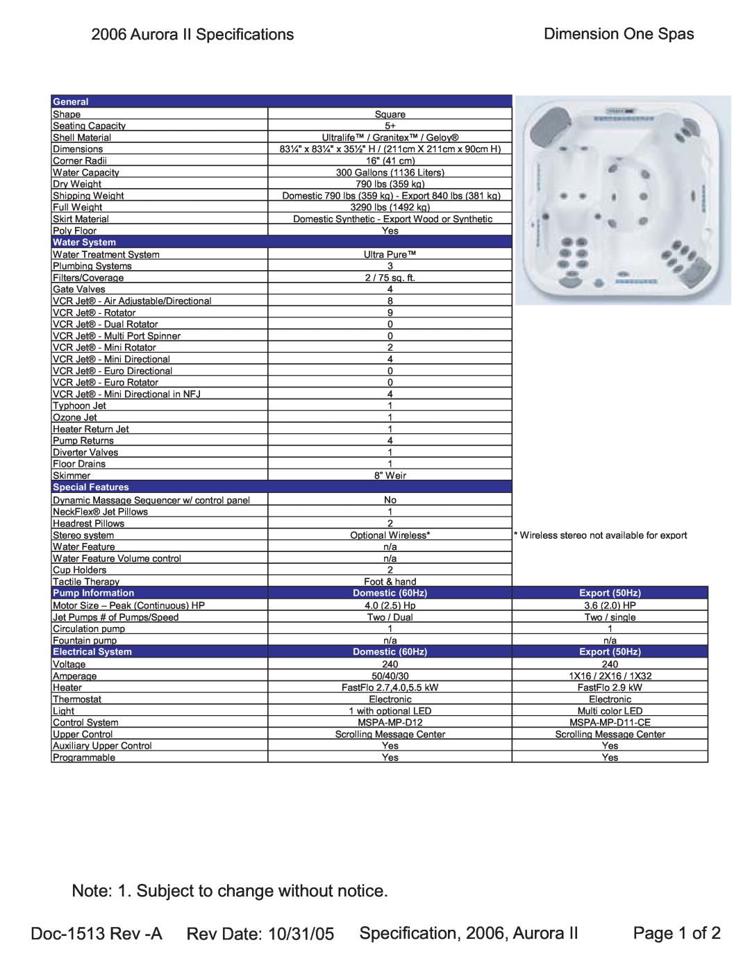 Dimension One Spas Aurora II specifications Note 1. Subject to change without notice, Page 1 of, General, Water System 