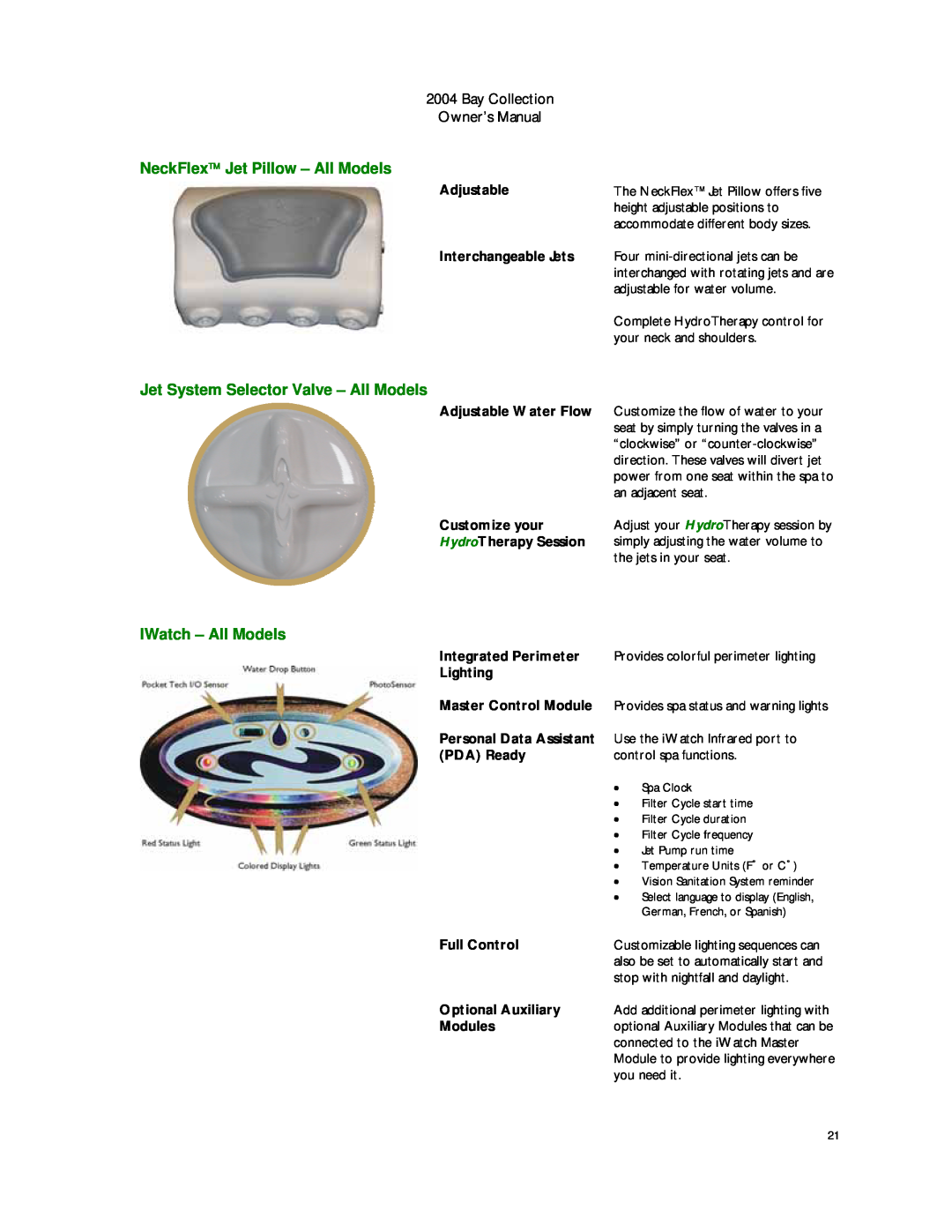 Dimension One Spas Bay Collection manual NeckFlex Jet Pillow - All Models, Jet System Selector Valve - All Models 