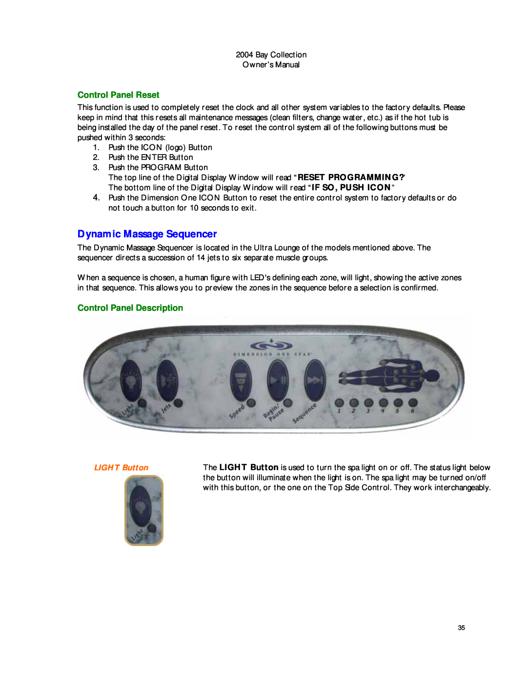 Dimension One Spas Bay Collection Dynamic Massage Sequencer, Control Panel Reset, Control Panel Description, LIGHT Button 