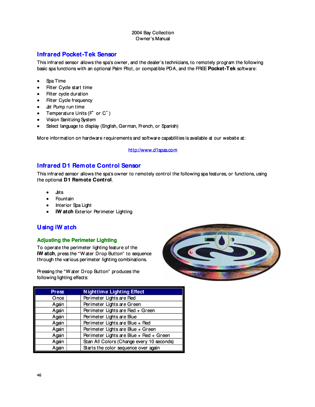 Dimension One Spas Bay Collection manual Infrared Pocket-Tek Sensor, Infrared D1 Remote Control Sensor, Using iWatch, Press 