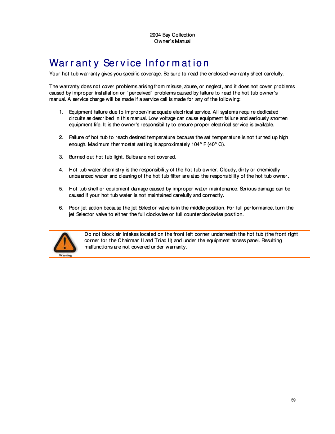Dimension One Spas Bay Collection manual Warranty Service Information 