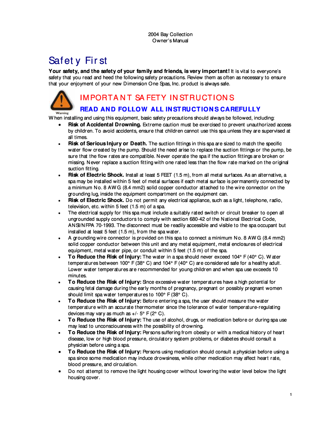 Dimension One Spas Bay Collection Safety First, Important Safety Instructions, Read And Follow All Instructions Carefully 