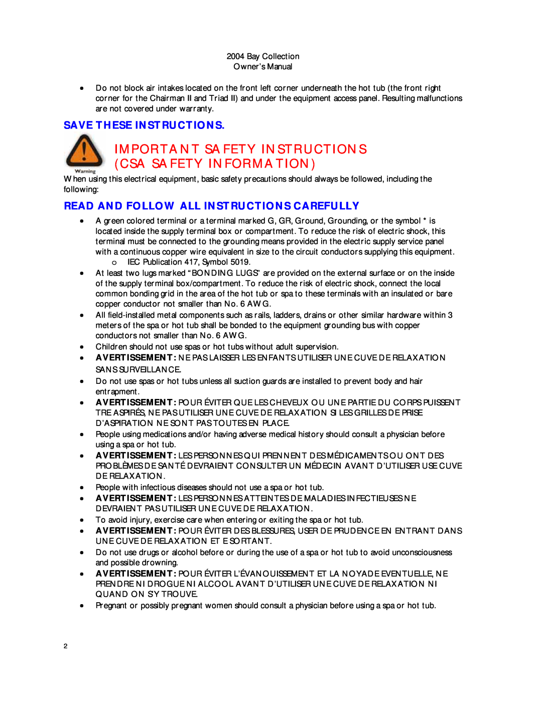 Dimension One Spas Bay Collection manual Important Safety Instructions Csa Safety Information, Save These Instructions 